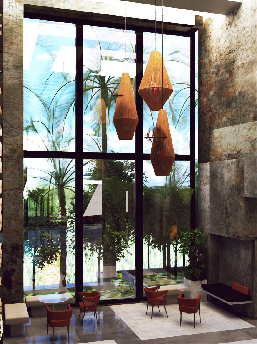 El Weras hotel atrium with rattan pendant lights and tropical garden